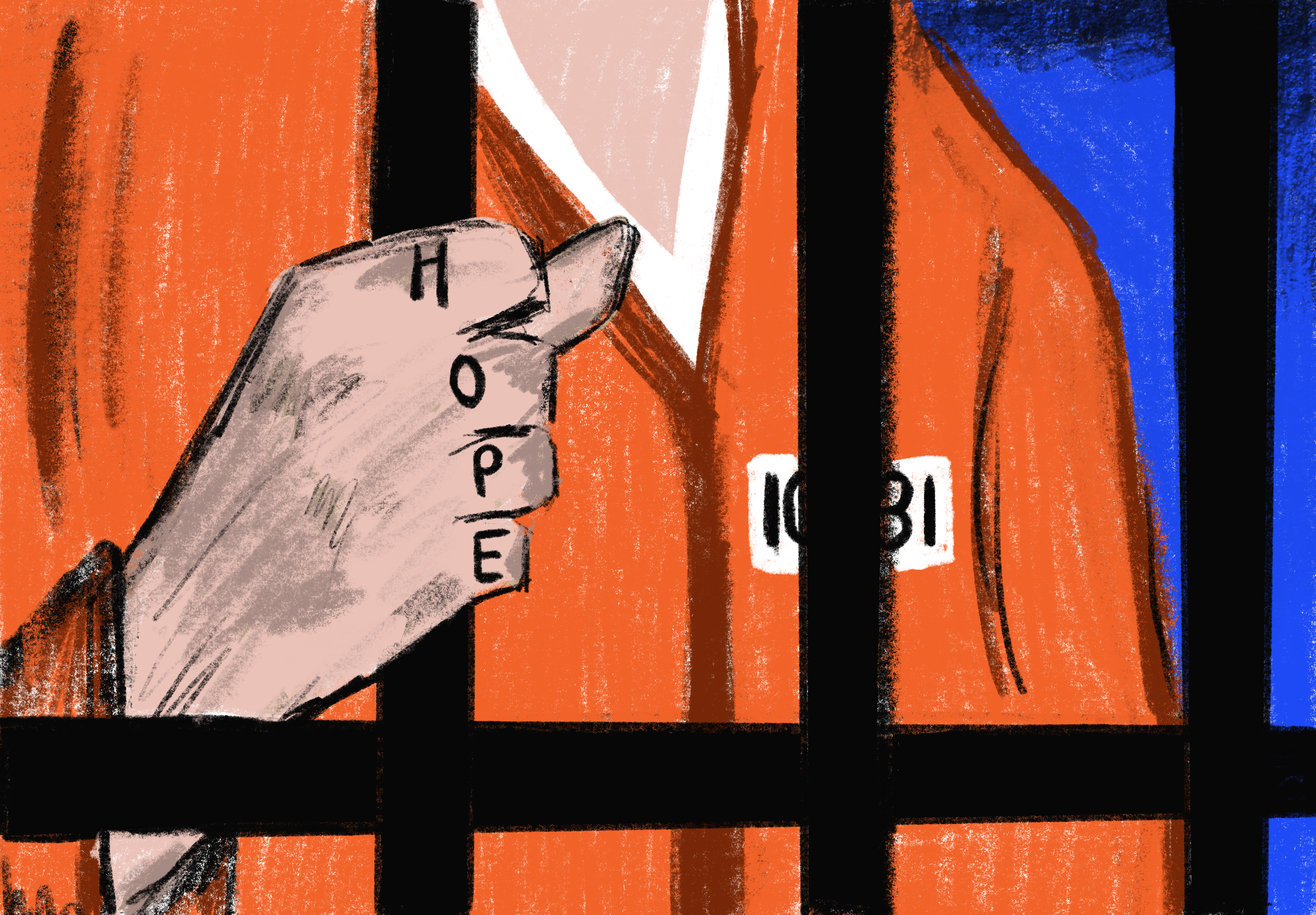 A young person in a prison uniform grips cell bars, with the word HOPE written across their fingers